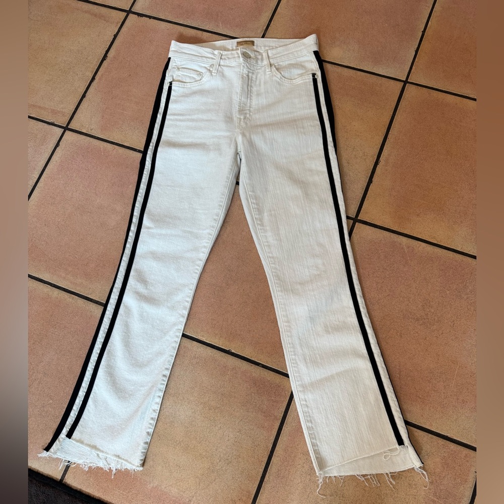 MOTHER Denim Insider Striped Crop Step Hem Fray White Jeans